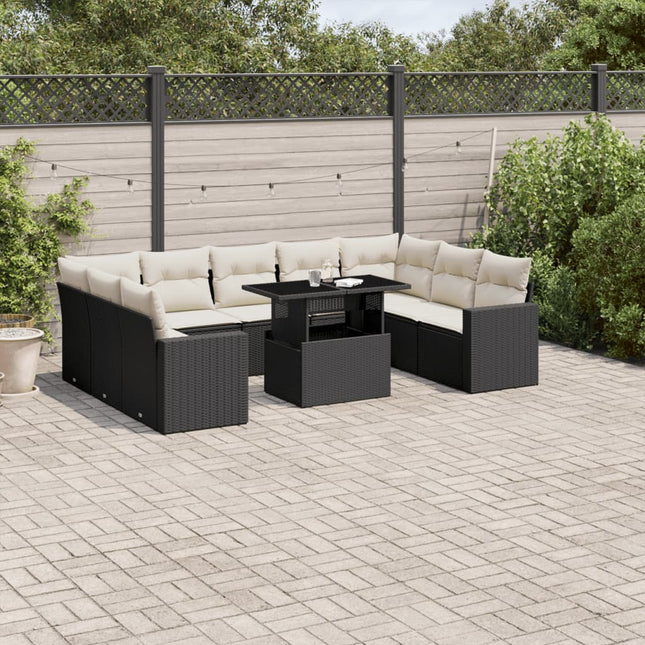 10-delige Loungeset met kussens poly rattan zwart