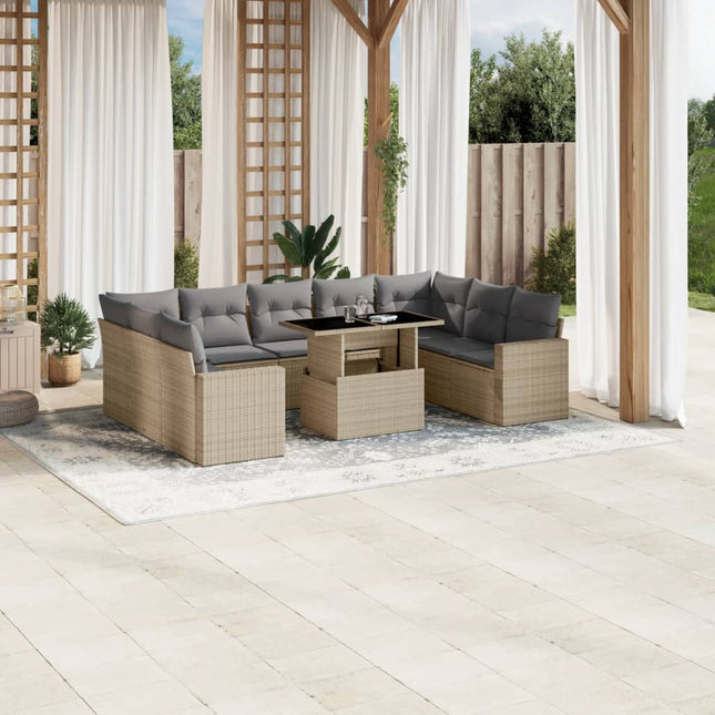 10-delige Loungeset met kussens poly rattan beige