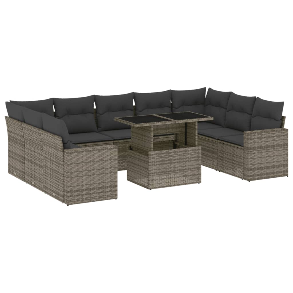 10-delige Loungeset met kussens poly rattan grijs