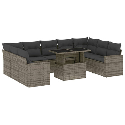 10-delige Loungeset met kussens poly rattan grijs