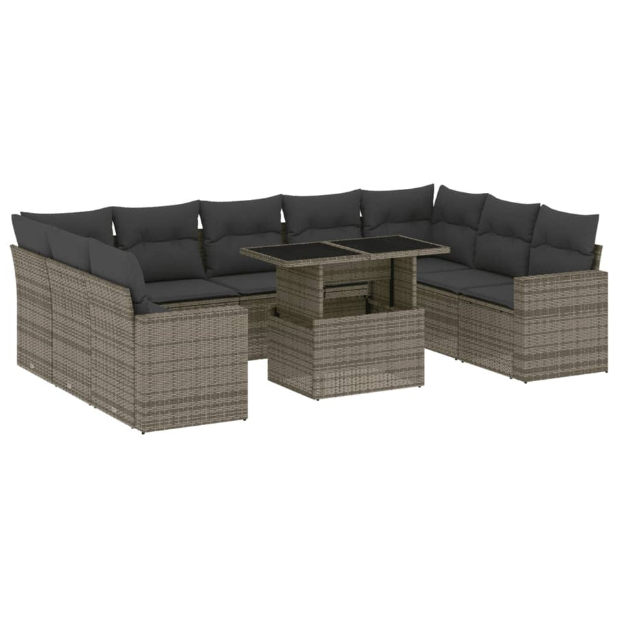 10-delige Loungeset met kussens poly rattan grijs