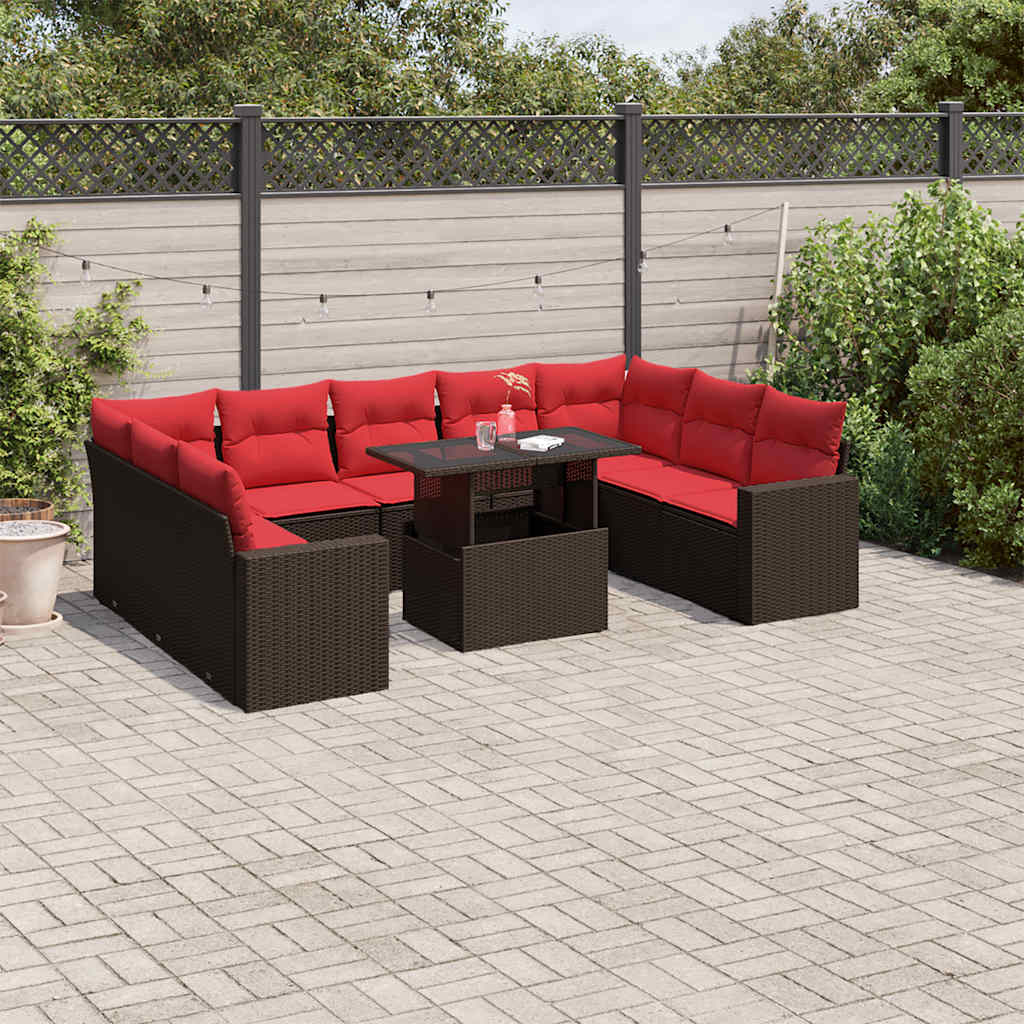 10-delige tuinbankset met kussens, bruin polyrotan