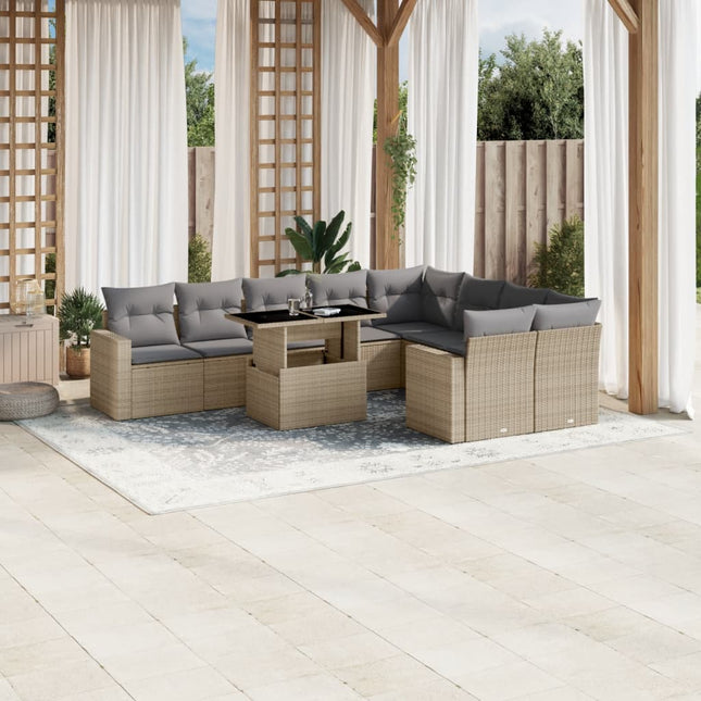 10-delige Loungeset met kussens poly rattan beige