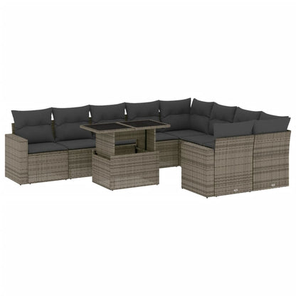 10-delige Loungeset met kussens poly rattan grijs