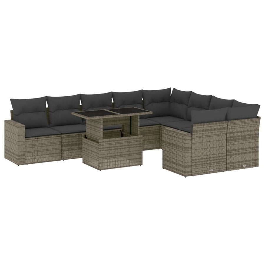 10-delige Loungeset met kussens poly rattan grijs