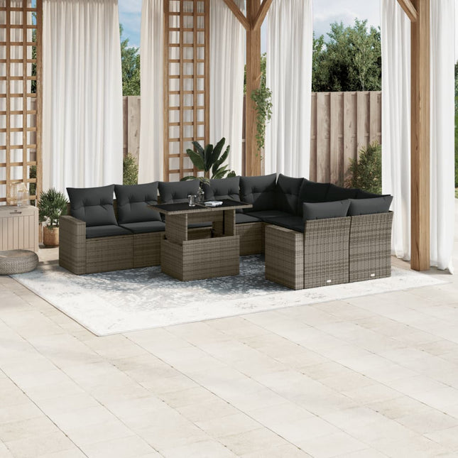 10-delige Loungeset met kussens poly rattan grijs