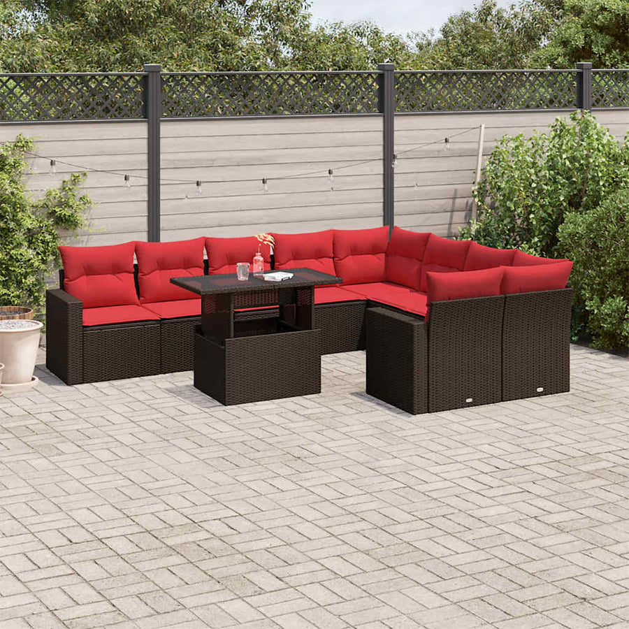 10-delige tuinbankset met kussens, bruin polyrotan