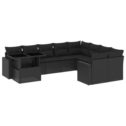 10-delige Loungeset met kussens poly rattan zwart