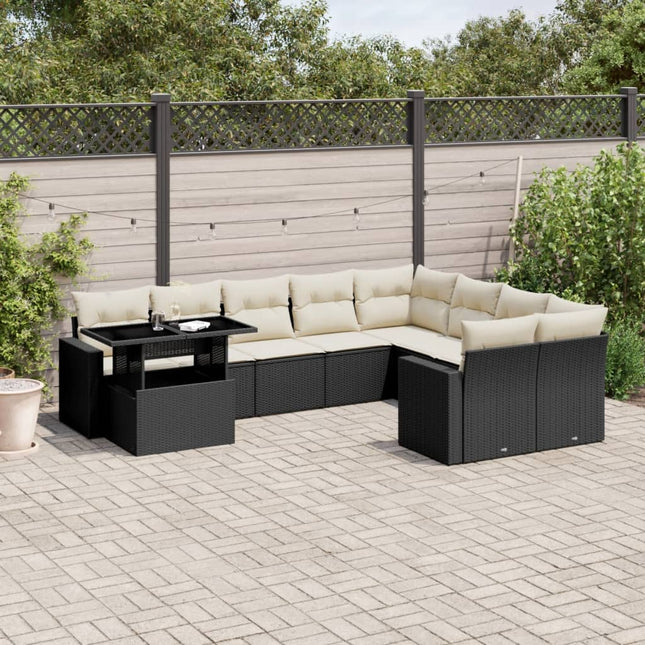 10-delige Loungeset met kussens poly rattan zwart