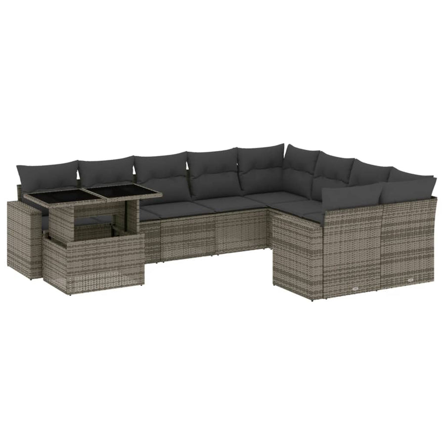 10-delige Loungeset met kussens poly rattan grijs