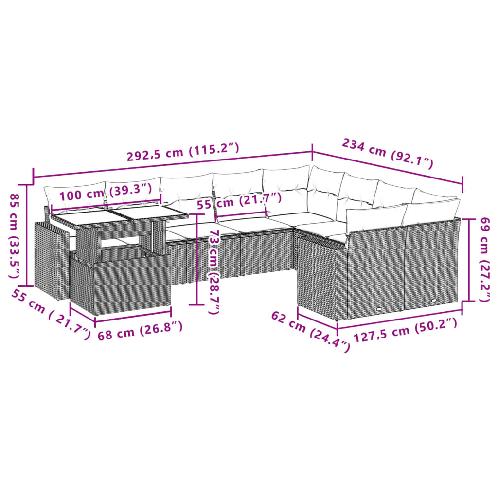 10-delige Loungeset met kussens poly rattan grijs