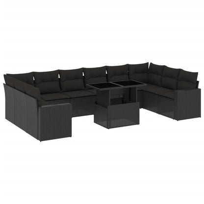 11-delige Loungeset met kussens poly rattan zwart
