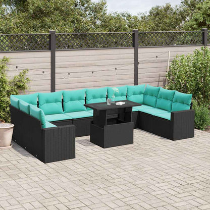 11-delige tuinbankset met kussens, zwart polyrotan