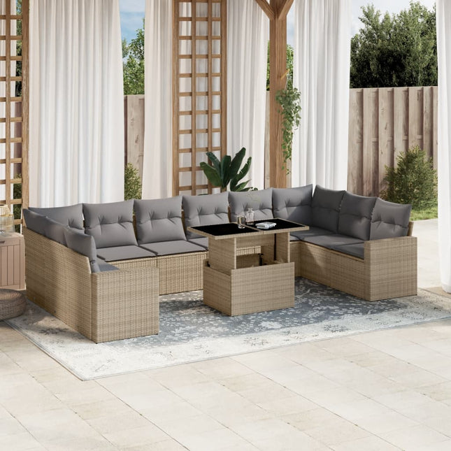 11-delige Tuinset met kussens poly rattan beige