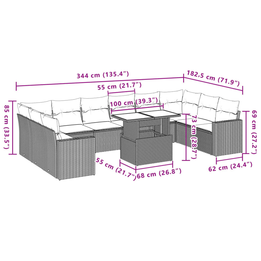 11-delige Loungeset met kussens poly rattan bruin