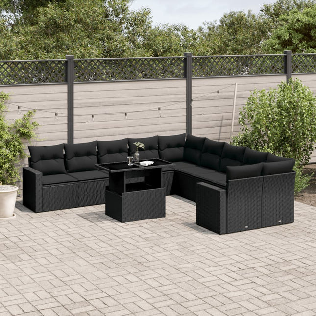 11-delige Loungeset met kussens poly rattan zwart