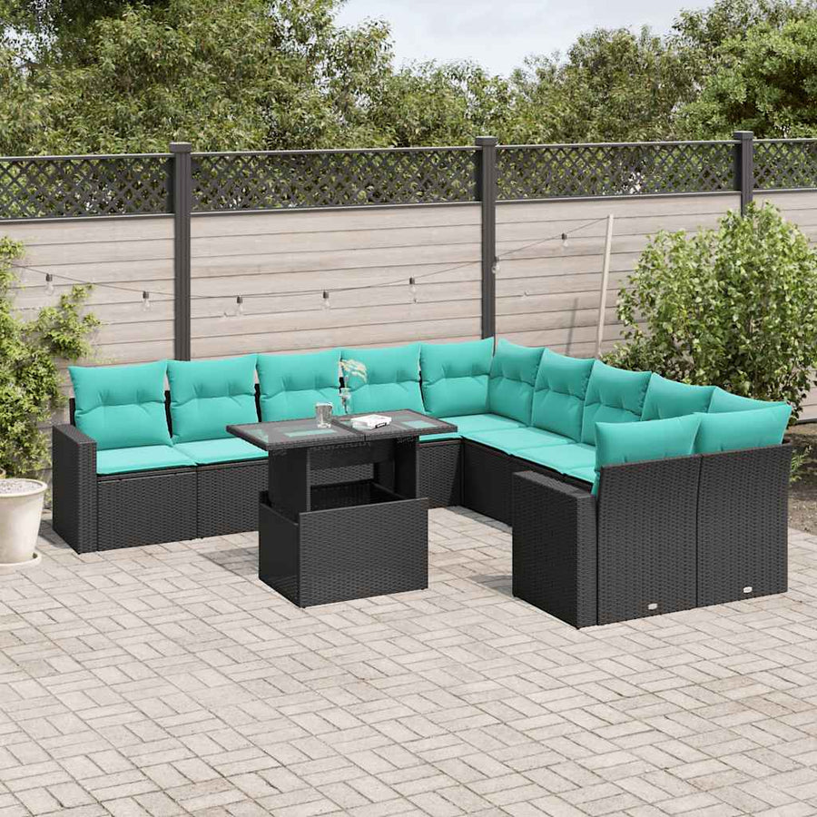 11-delige tuinbankset met kussens, zwart polyrotan