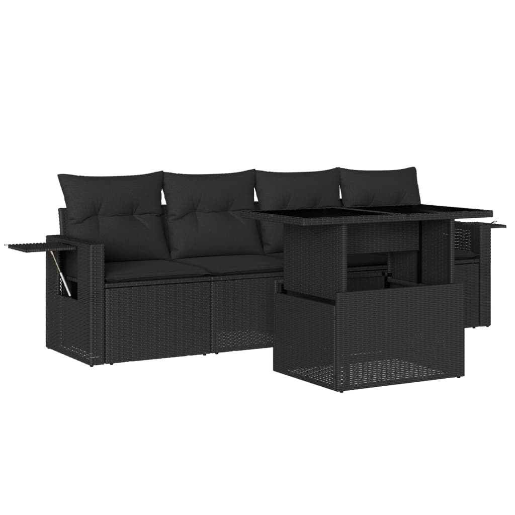 5-delige Loungeset met kussens poly rattan zwart