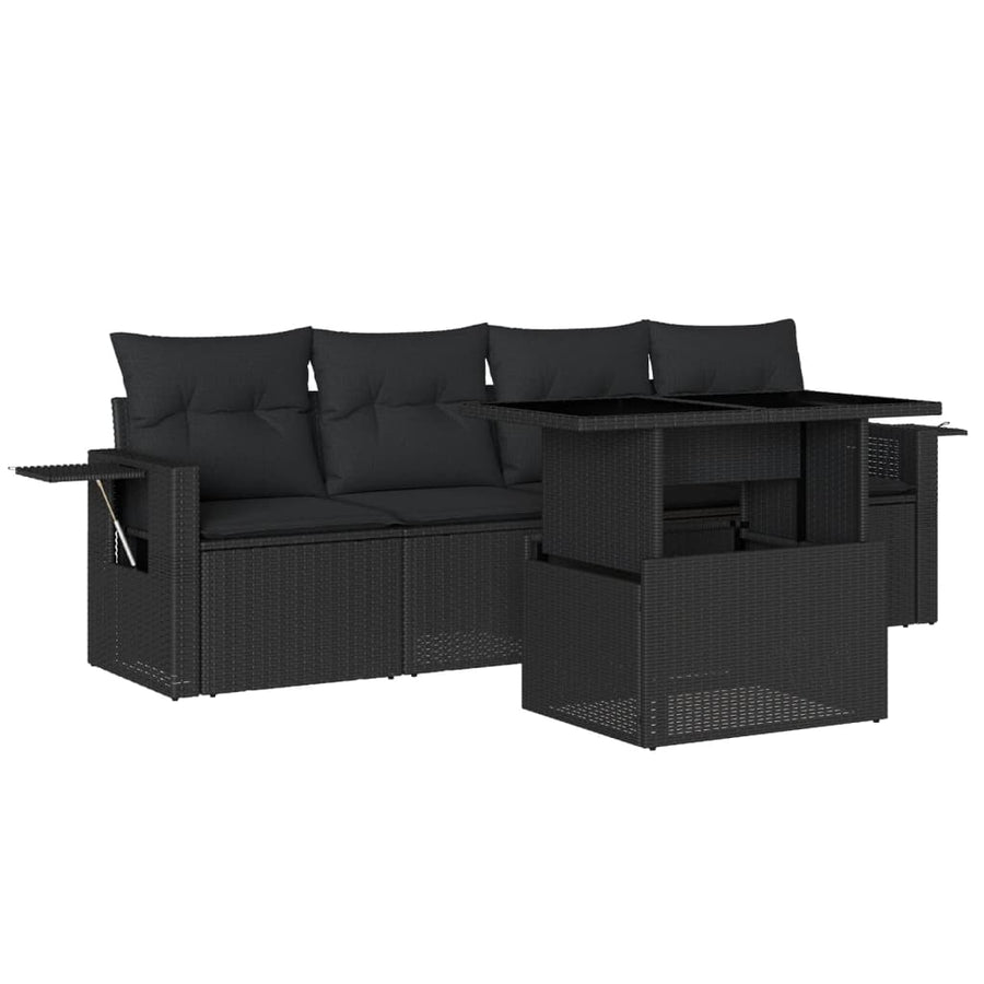5-delige Loungeset met kussens poly rattan zwart
