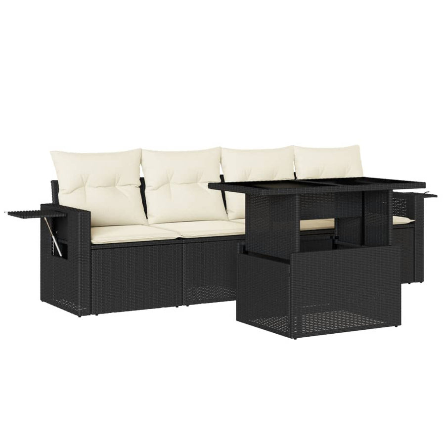 5-delige Loungeset met kussens poly rattan zwart