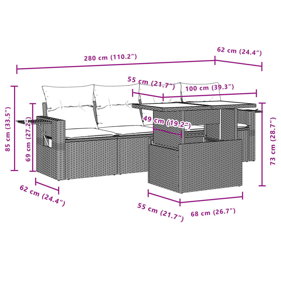 5-delige Loungeset met kussens poly rattan zwart