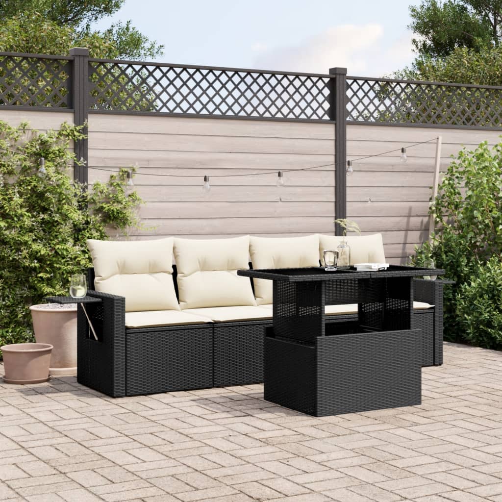 5-delige Loungeset met kussens poly rattan zwart