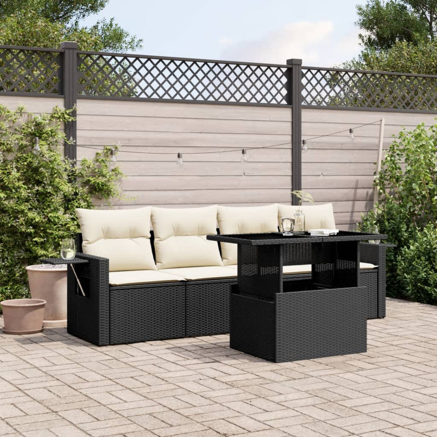 5-delige Loungeset met kussens poly rattan zwart