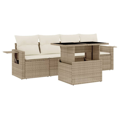 5-delige Loungeset met kussens poly rattan beige
