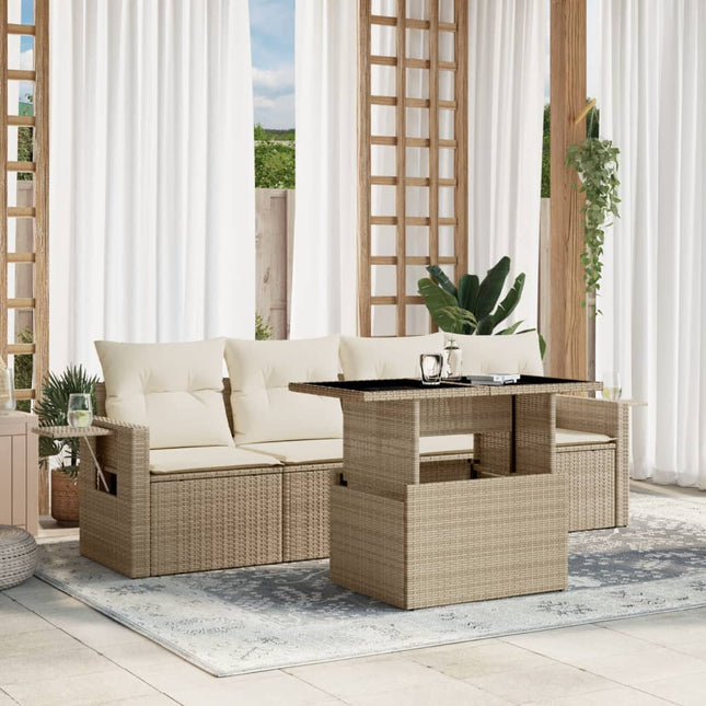 5-delige Loungeset met kussens poly rattan beige