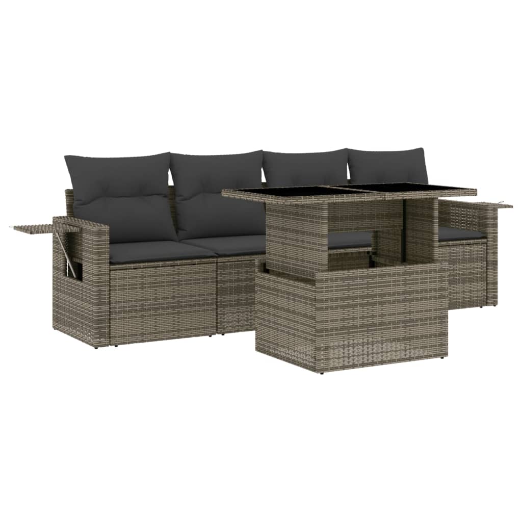5-delige Loungeset met kussens poly rattan grijs