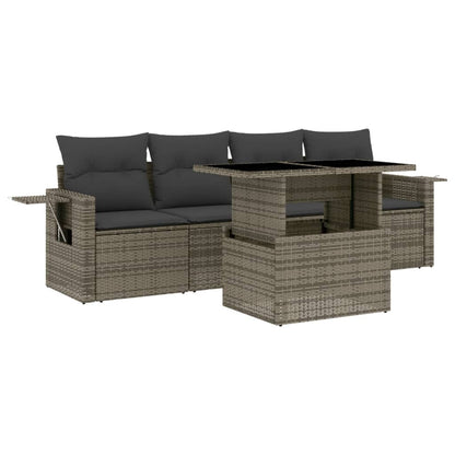 5-delige Loungeset met kussens poly rattan grijs