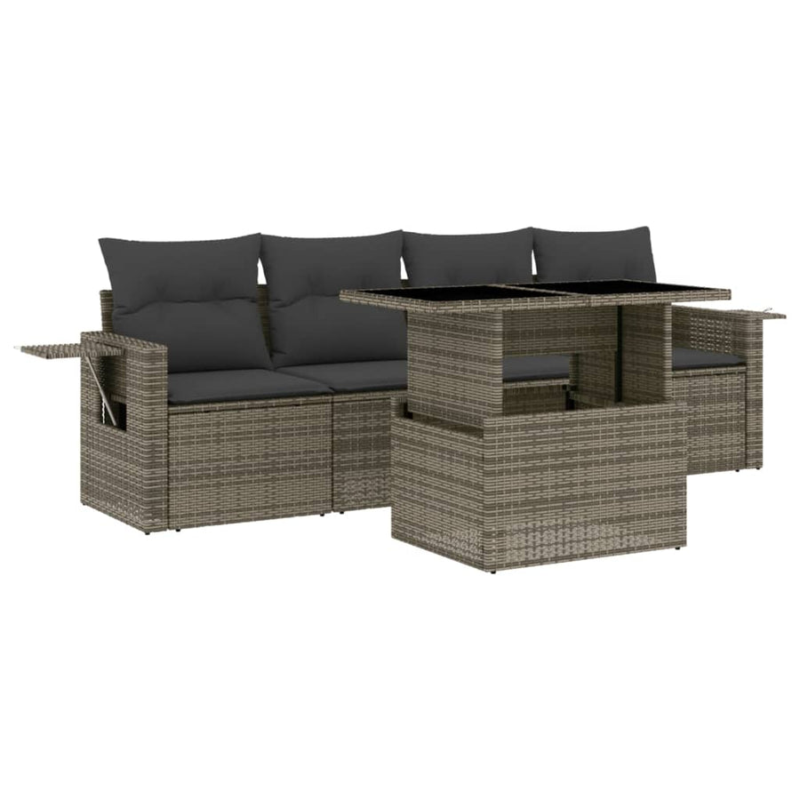 5-delige Loungeset met kussens poly rattan grijs