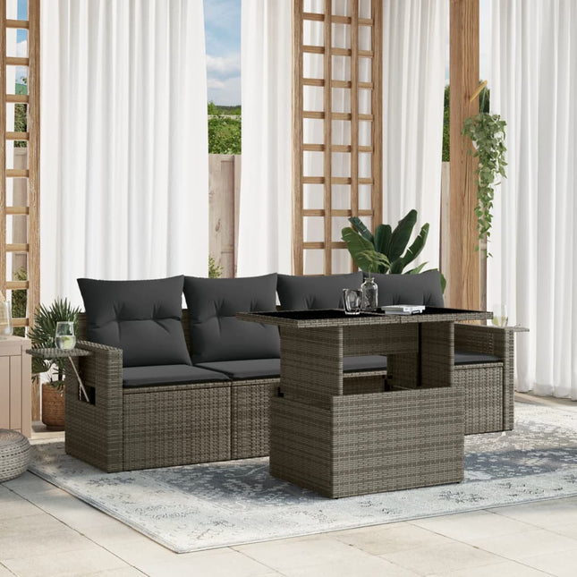 5-delige Loungeset met kussens poly rattan grijs