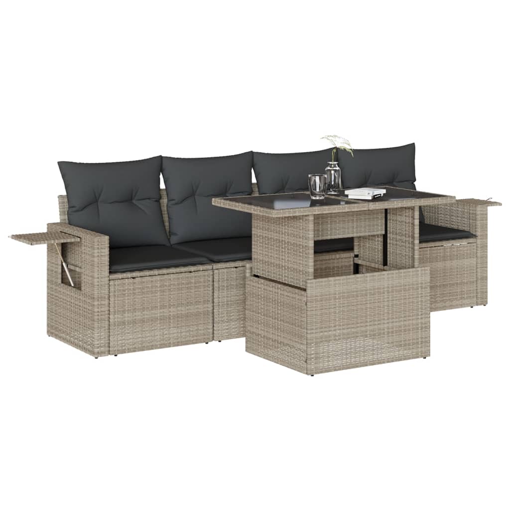 5-delige Loungeset met kussens poly rattan lichtgrijs