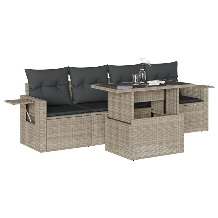 5-delige Loungeset met kussens poly rattan lichtgrijs
