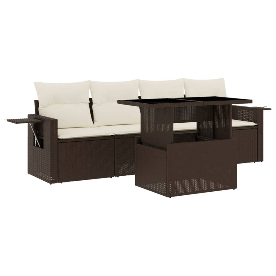 5-delige Loungeset met kussens poly rattan bruin