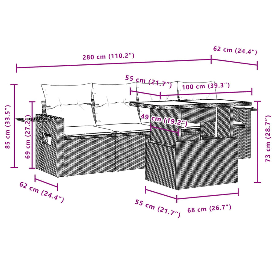 5-delige Loungeset met kussens poly rattan bruin