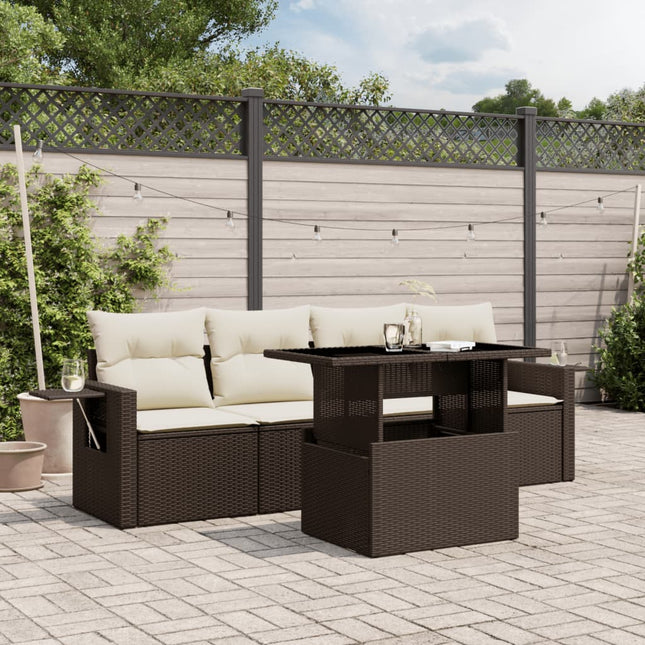 5-delige Loungeset met kussens poly rattan bruin