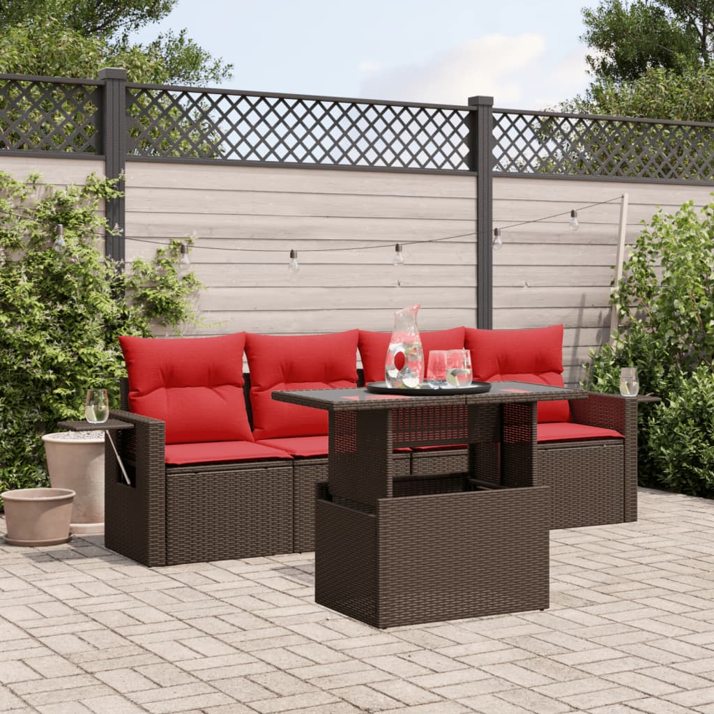 5-delige tuinbankset met kussens, bruin polyrotan
