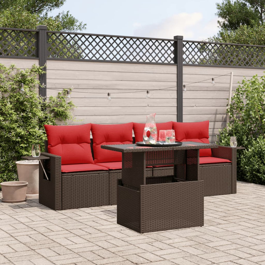 5-delige tuinbankset met kussens, bruin polyrotan