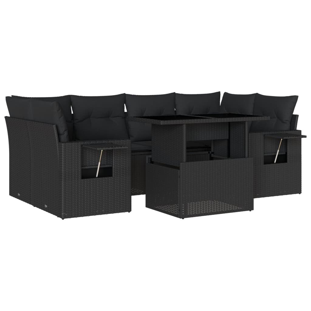 7-delige Loungeset met kussens poly rattan zwart