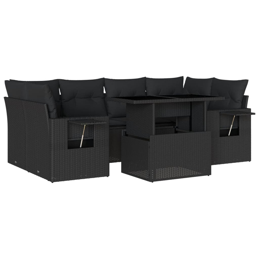 7-delige Loungeset met kussens poly rattan zwart