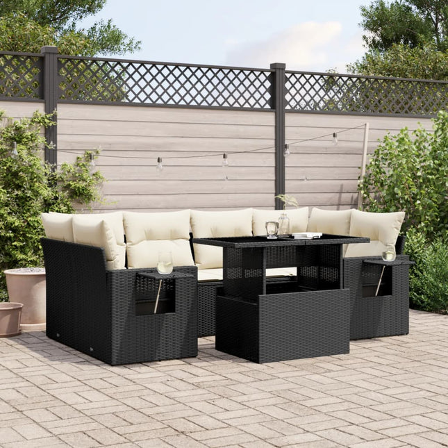 7-delige Loungeset met kussens poly rattan zwart