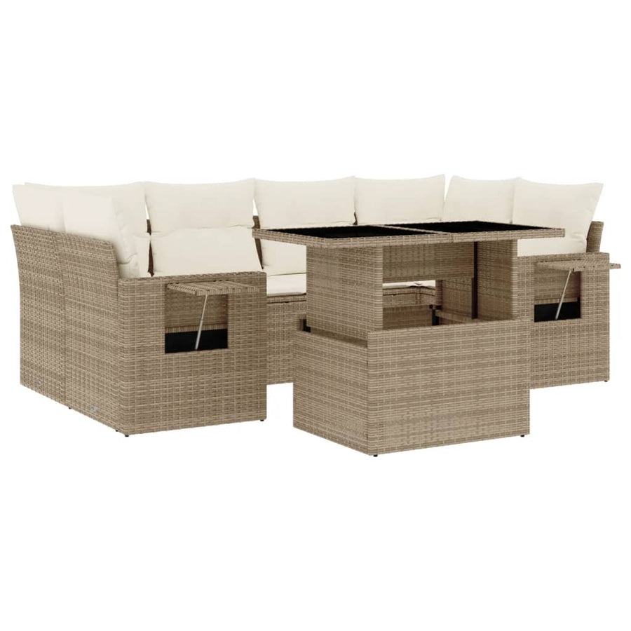7-delige Loungeset met kussens poly rattan beige