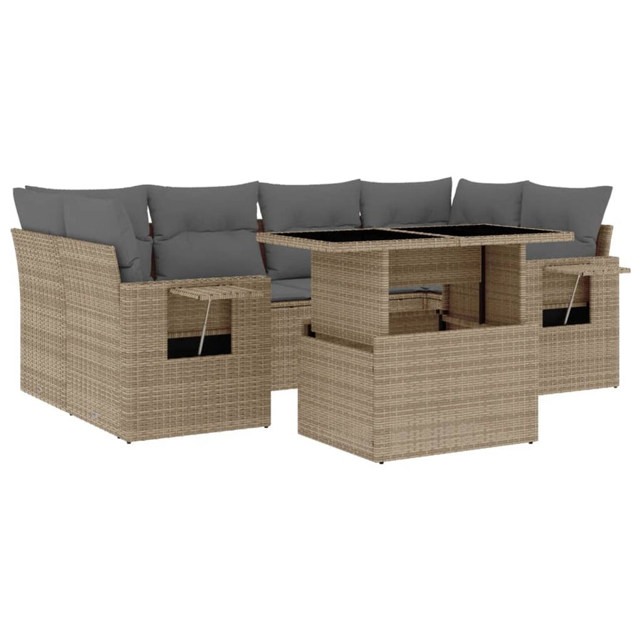 7-delige Loungeset met kussens poly rattan beige