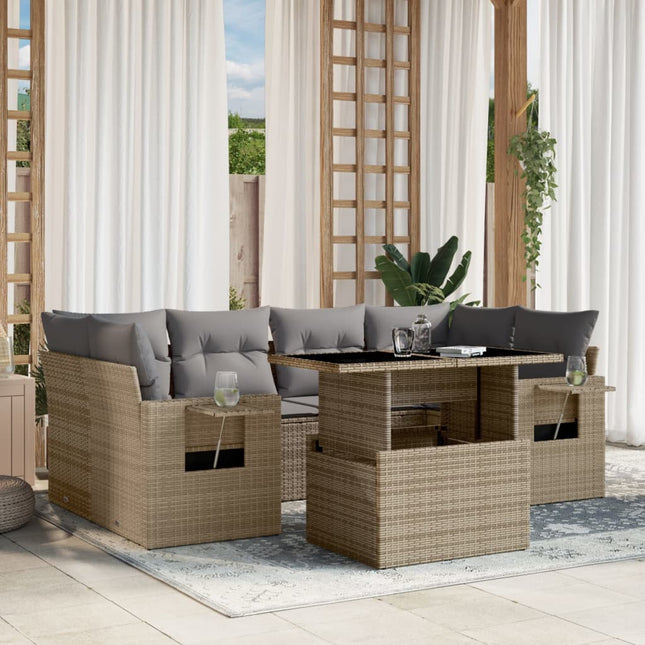 7-delige Loungeset met kussens poly rattan beige