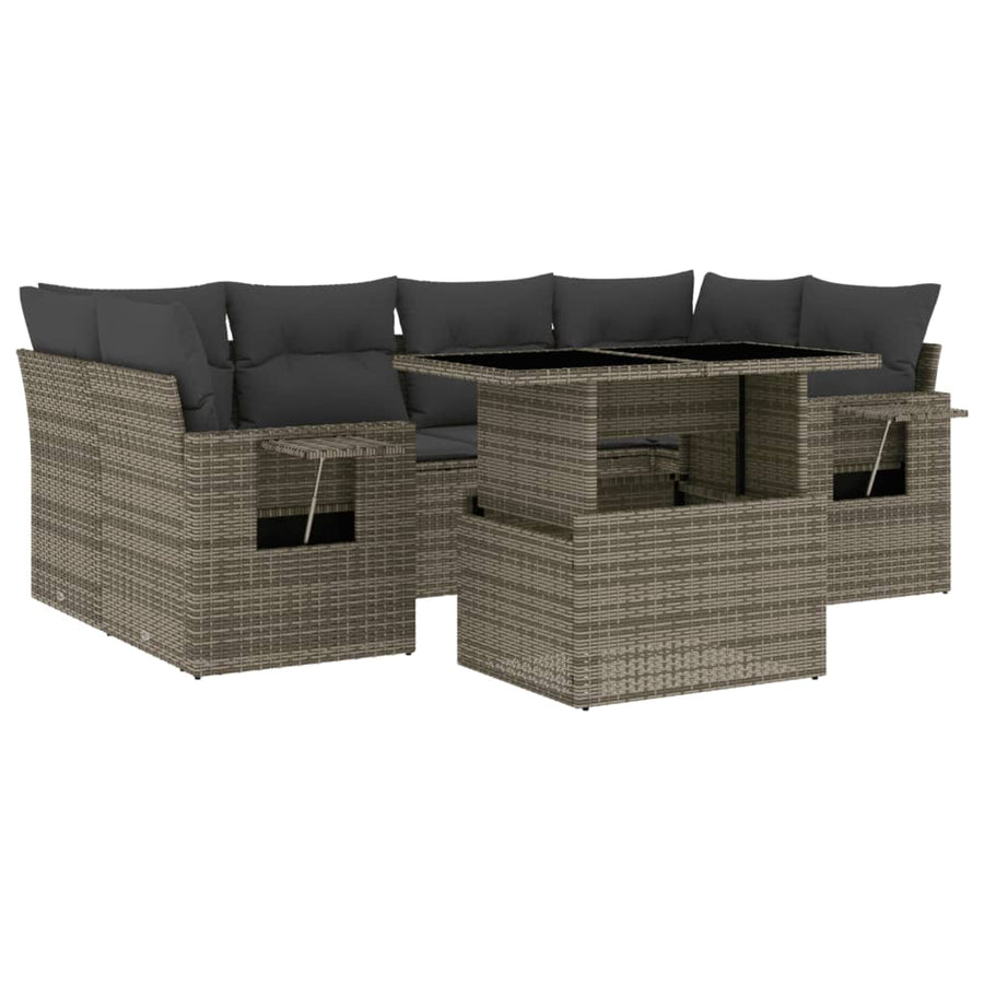 7-delige Loungeset met kussens poly rattan grijs