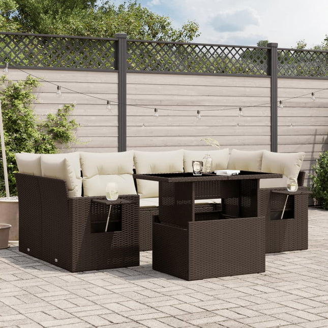 7-delige Loungeset met kussens poly rattan bruin