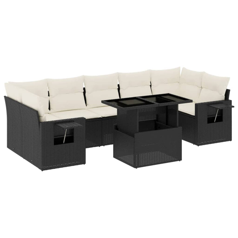8-delige Loungeset met kussens poly rattan zwart
