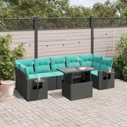 8-delige tuinbankset met kussens, zwart polyrotan